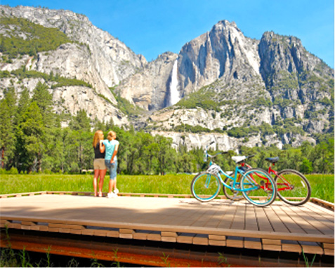 Mother and daughter stopping during a bike ride to view Yosemite Falls