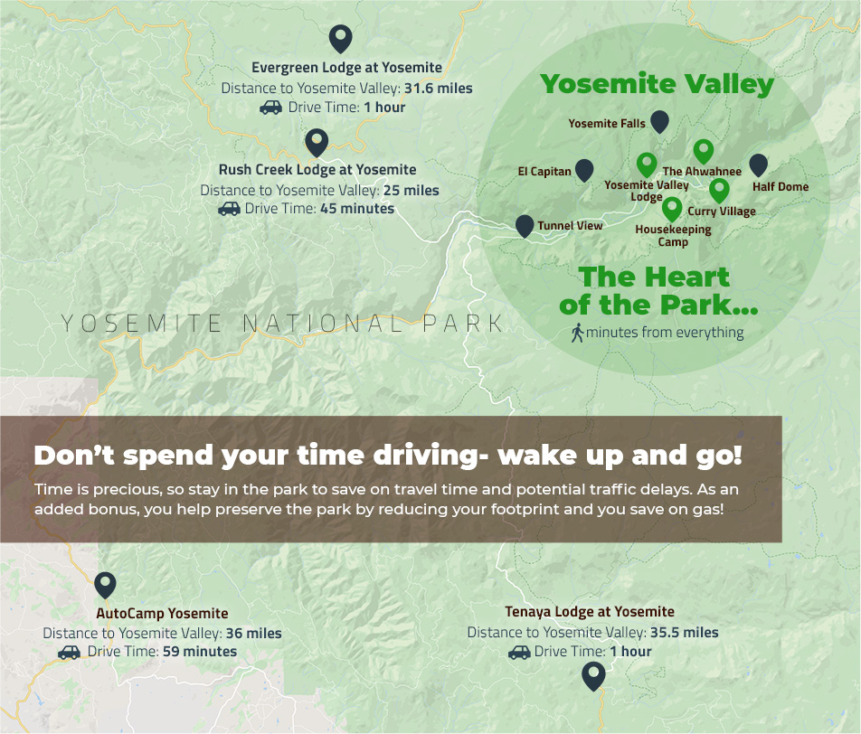 Yosemite National Park Map with lodging inside and outside Yosemite Valley